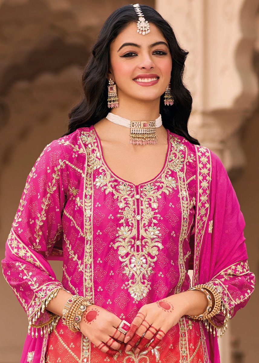Hot Pink Chinon Silk Palazzo Suit with Intricate Embroidery - Eid Edition - House of Sarvati LLC