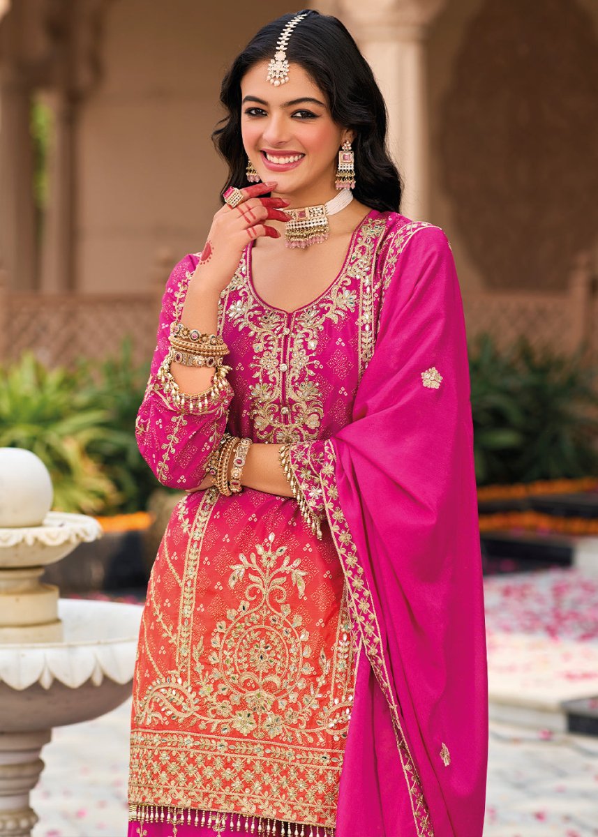 Hot Pink Chinon Silk Palazzo Suit with Intricate Embroidery - Eid Edition - House of Sarvati LLC