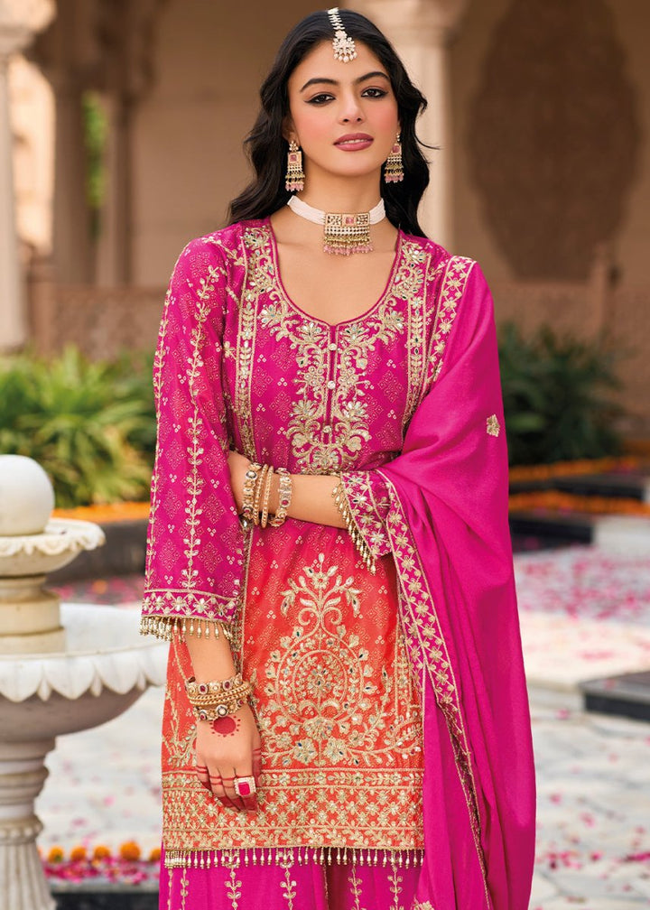 Hot Pink Chinon Silk Palazzo Suit with Intricate Embroidery - Eid Edition - House of Sarvati LLC