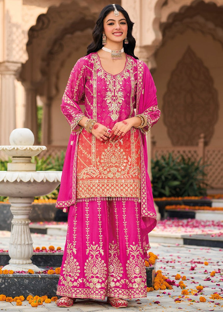 Hot Pink Chinon Silk Palazzo Suit with Intricate Embroidery - Eid Edition - House of Sarvati LLC