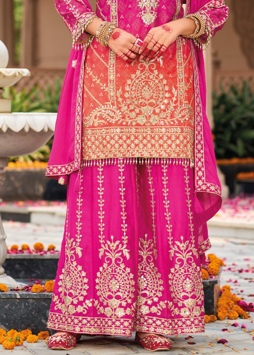 Hot Pink Chinon Silk Palazzo Suit with Intricate Embroidery - Eid Edition - House of Sarvati LLC