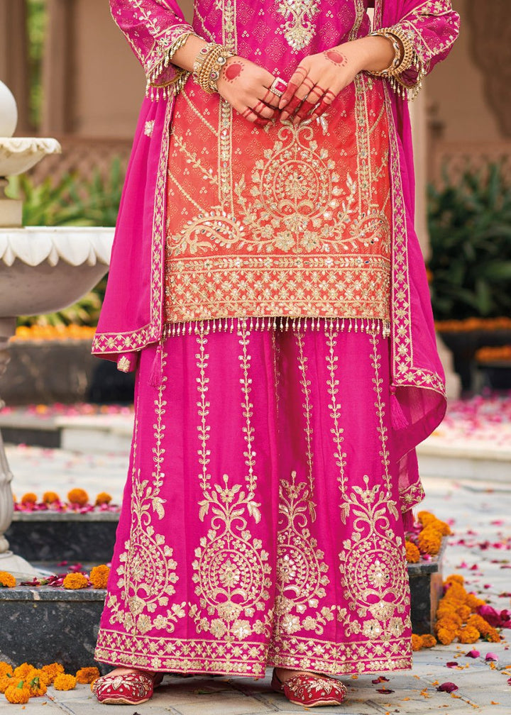 Hot Pink Chinon Silk Palazzo Suit with Intricate Embroidery - Eid Edition - House of Sarvati LLC