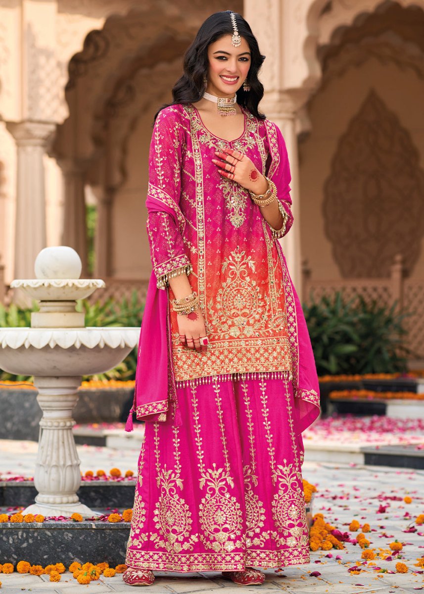 Hot Pink Chinon Silk Palazzo Suit with Intricate Embroidery - Eid Edition - House of Sarvati LLC