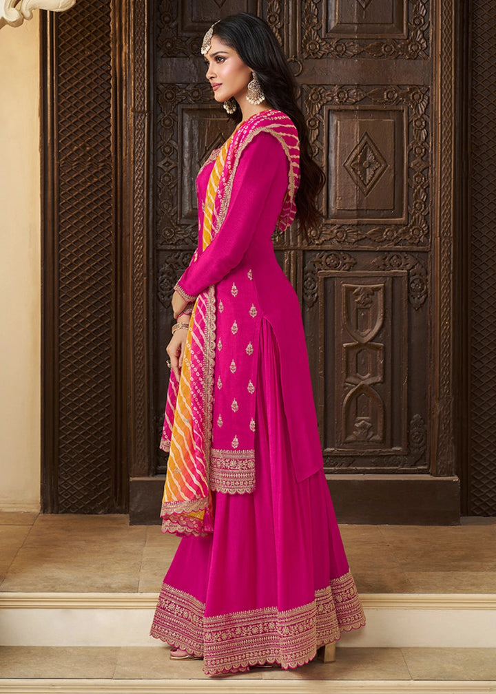 Hot Pink Chinon Silk Sharara Suit with IntricateThread & Sequin Embroidery - House of Sarvati LLC