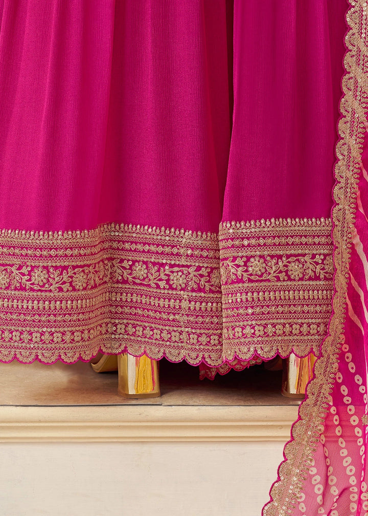 Hot Pink Chinon Silk Sharara Suit with IntricateThread & Sequin Embroidery - House of Sarvati LLC