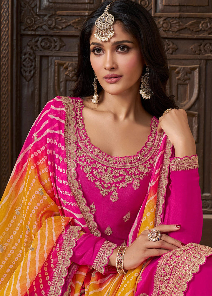 Hot Pink Chinon Silk Sharara Suit with IntricateThread & Sequin Embroidery - House of Sarvati LLC