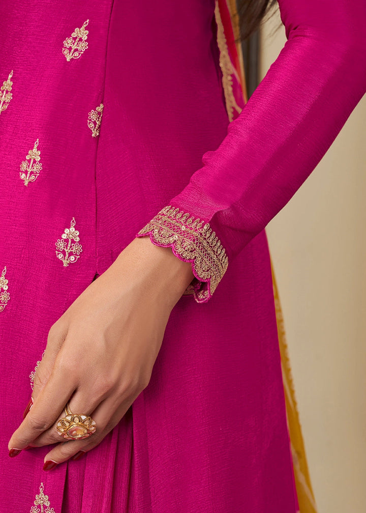 Hot Pink Chinon Silk Sharara Suit with IntricateThread & Sequin Embroidery - House of Sarvati LLC