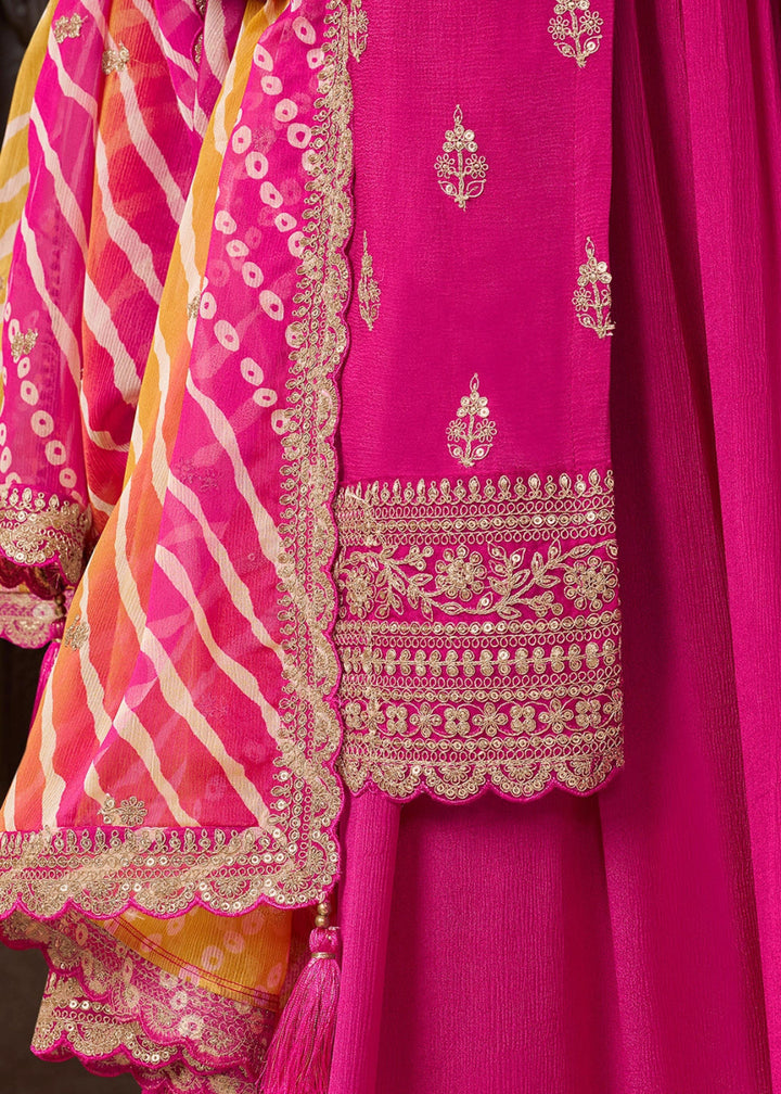 Hot Pink Chinon Silk Sharara Suit with IntricateThread & Sequin Embroidery - House of Sarvati LLC