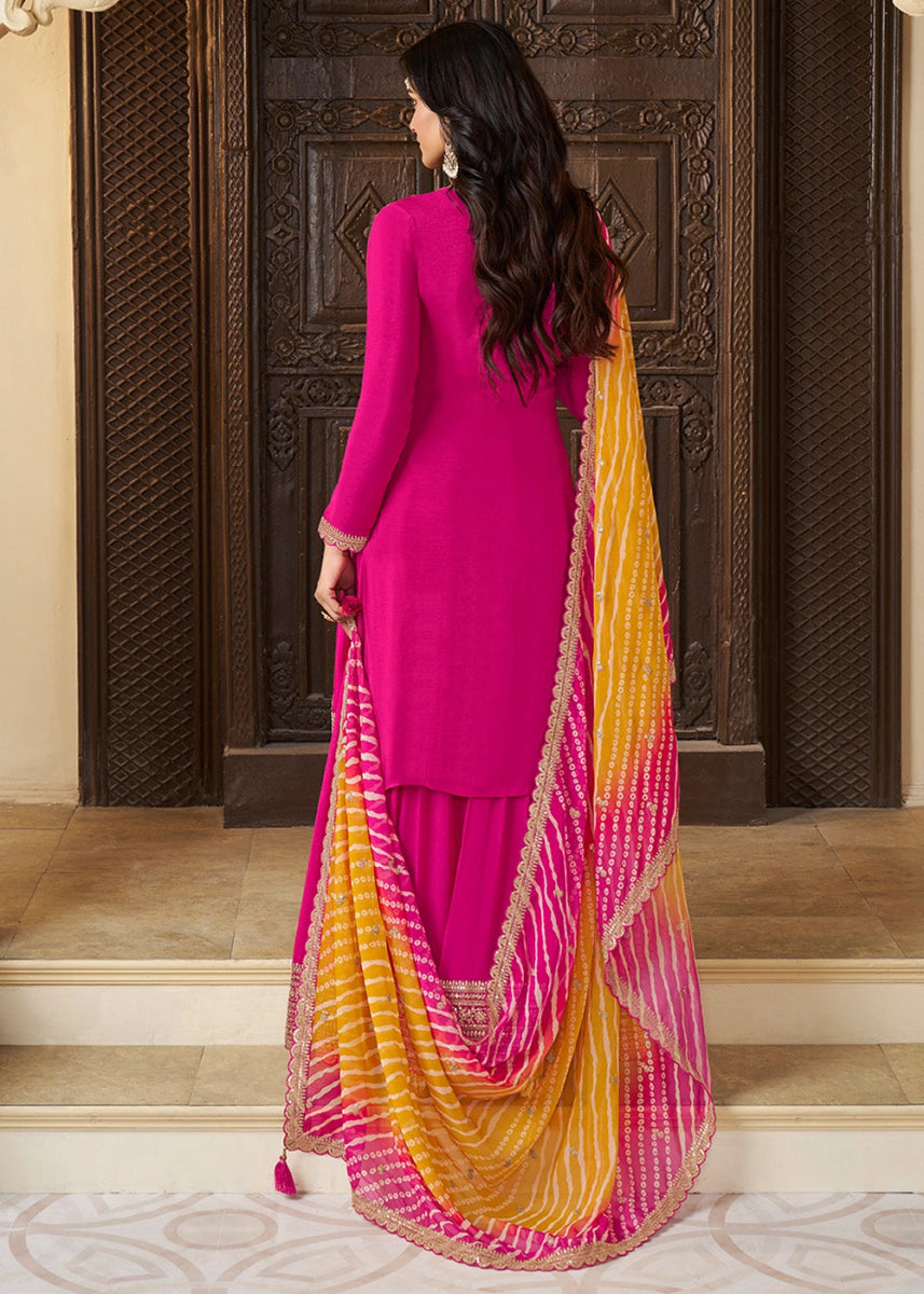 Hot Pink Chinon Silk Sharara Suit with IntricateThread & Sequin Embroidery - House of Sarvati LLC