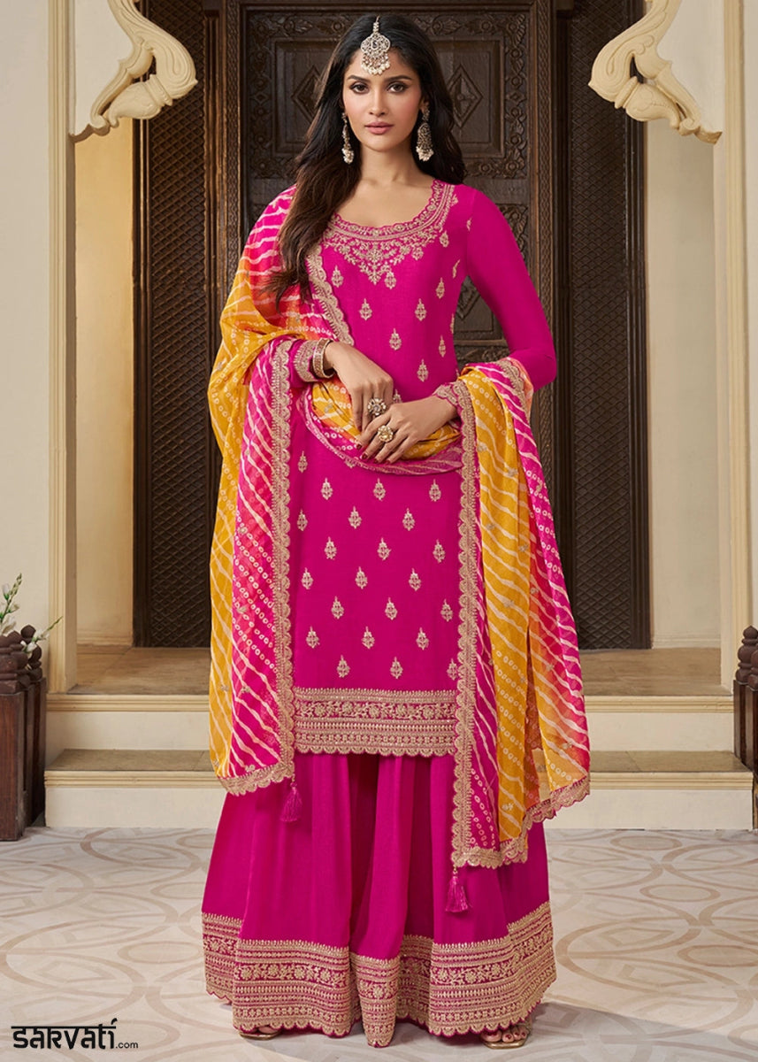 Hot Pink Chinon Silk Sharara Suit with IntricateThread & Sequin Embroidery - House of Sarvati LLC