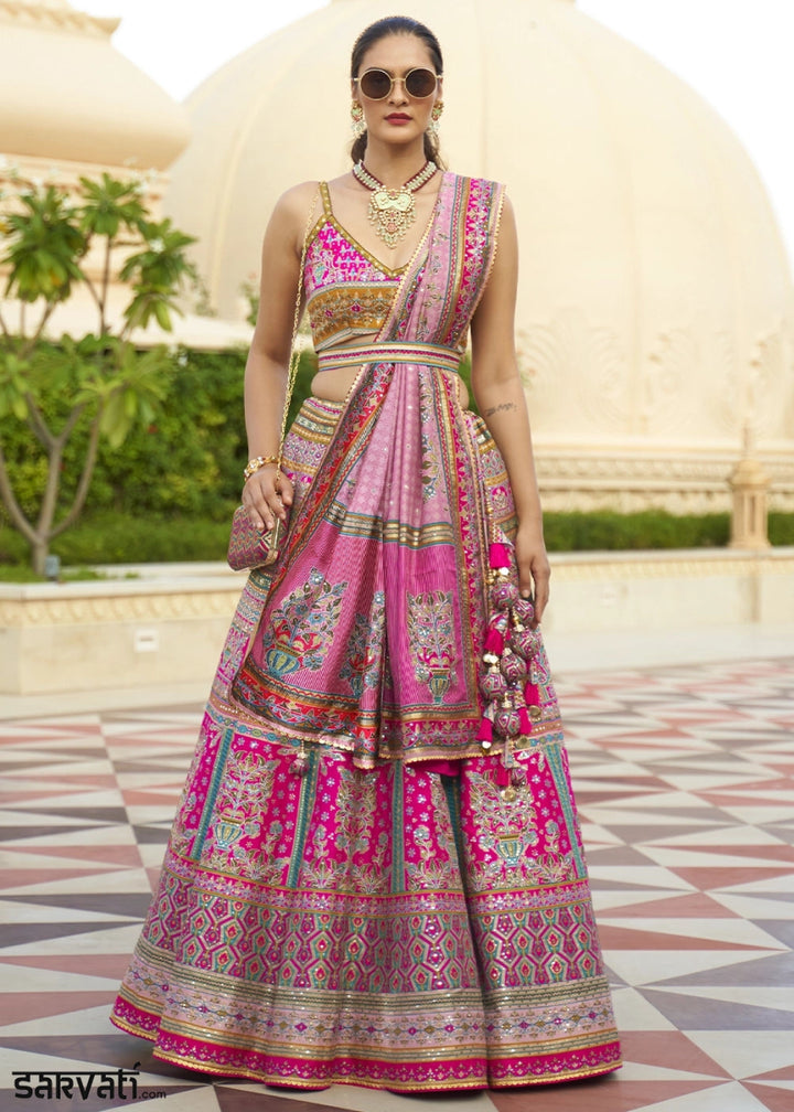 Hot Pink Embellished Rajwadi Silk Lehenga Choli with Aari Mirror Work - House of Sarvati LLC
