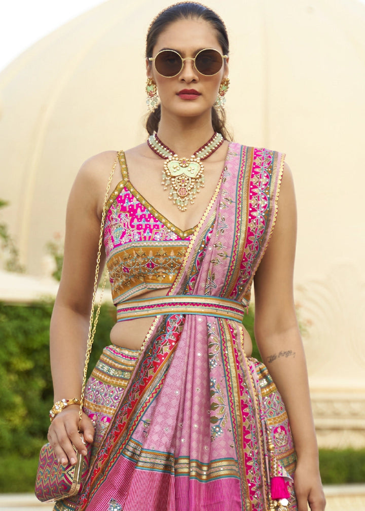 Hot Pink Embellished Rajwadi Silk Lehenga Choli with Aari Mirror Work - House of Sarvati LLC