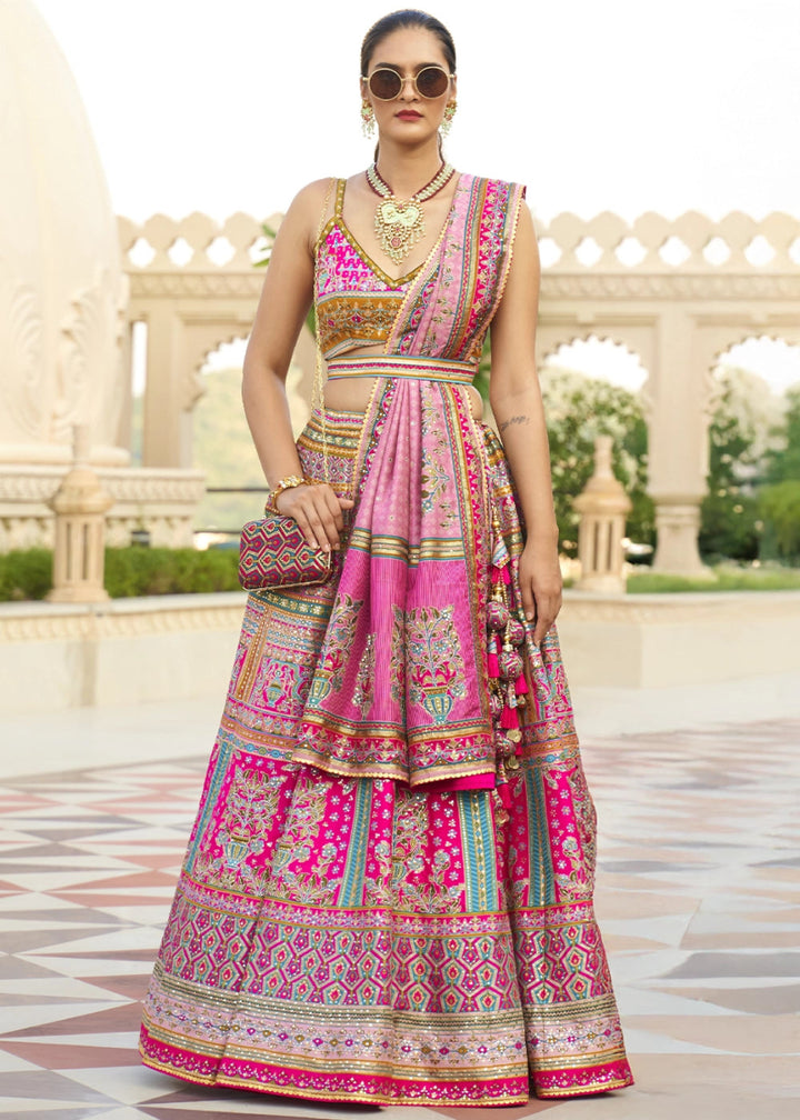 Hot Pink Embellished Rajwadi Silk Lehenga Choli with Aari Mirror Work - House of Sarvati LLC