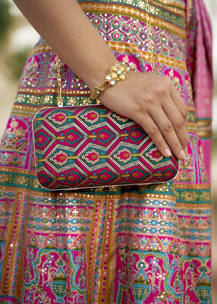 Hot Pink Embellished Rajwadi Silk Lehenga Choli with Aari Mirror Work - House of Sarvati LLC