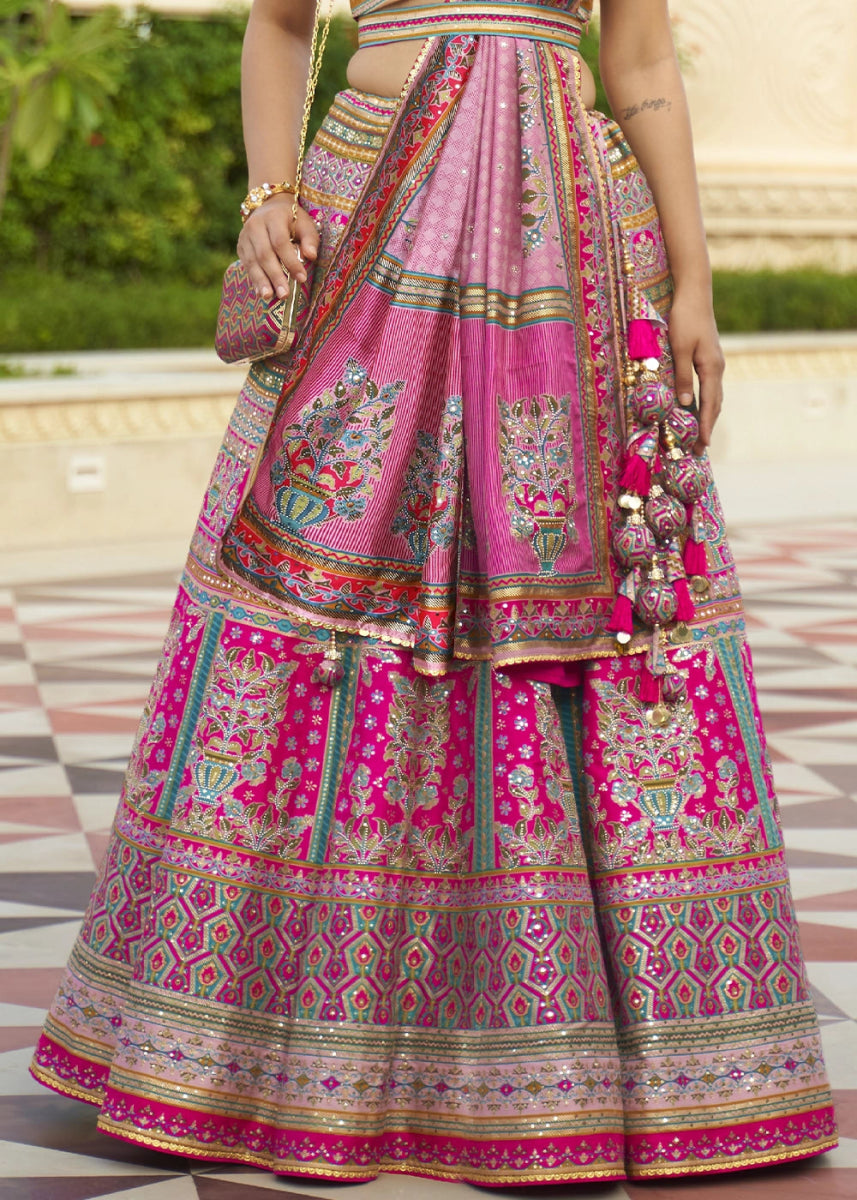 Hot Pink Embellished Rajwadi Silk Lehenga Choli with Aari Mirror Work - House of Sarvati LLC