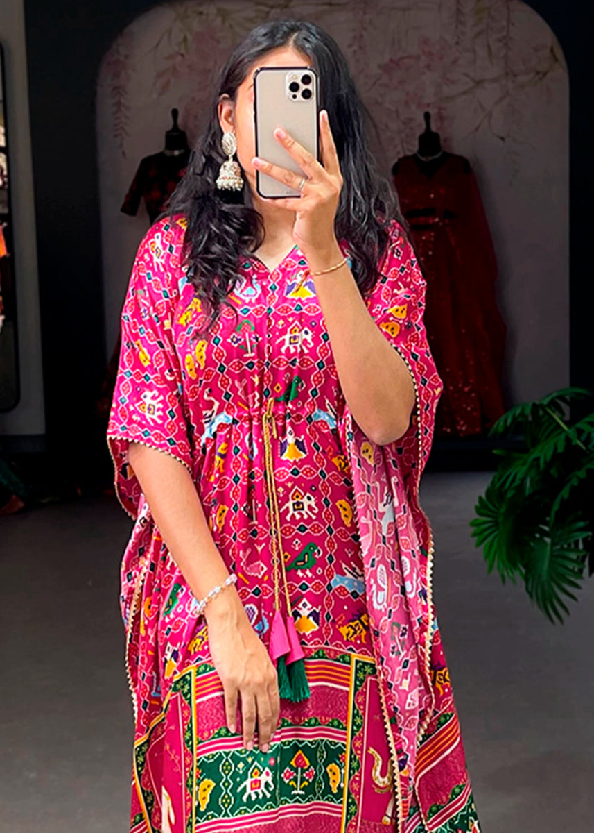 Hot Pink Gaji Silk Kaftan with Gota Patti Lace and All - Over Digital Print - House of Sarvati LLC