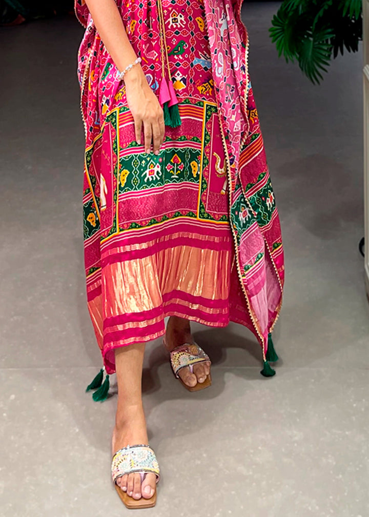 Hot Pink Gaji Silk Kaftan with Gota Patti Lace and All - Over Digital Print - House of Sarvati LLC