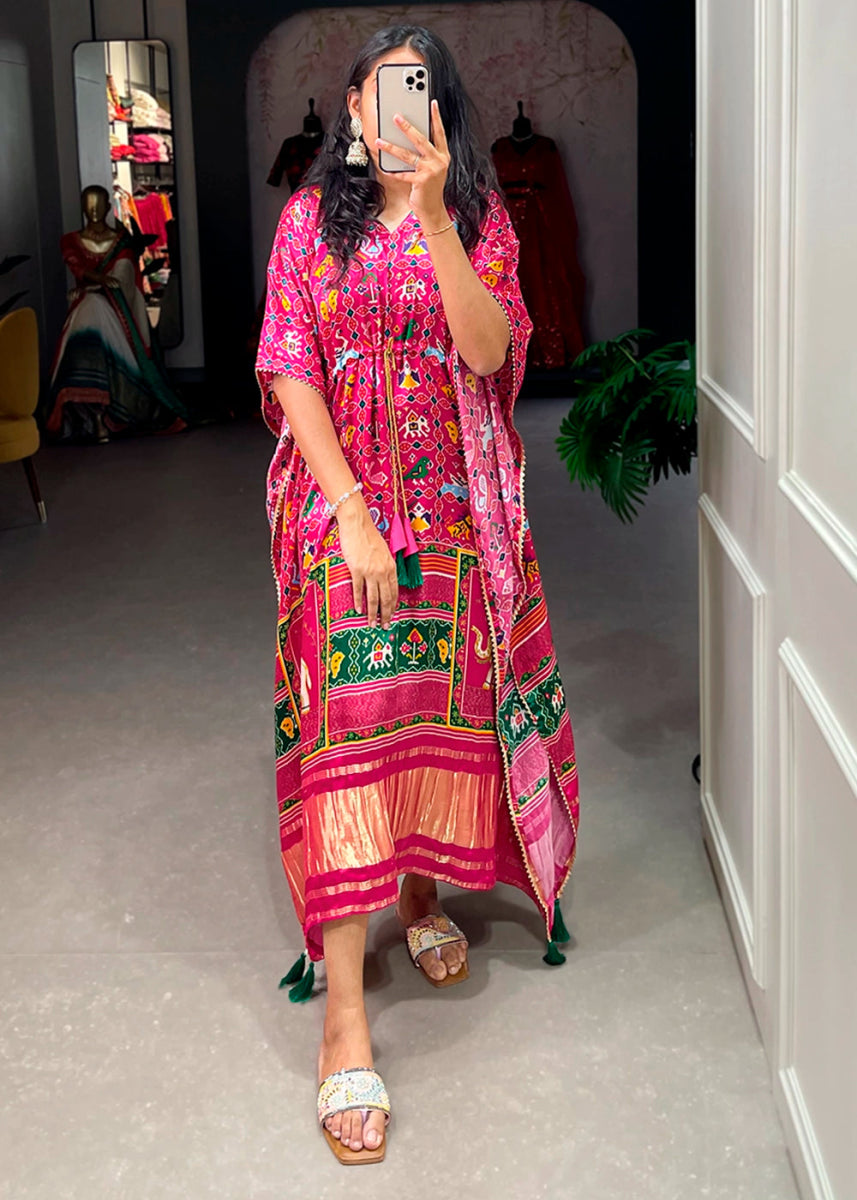 Hot Pink Gaji Silk Kaftan with Gota Patti Lace and All - Over Digital Print - House of Sarvati LLC