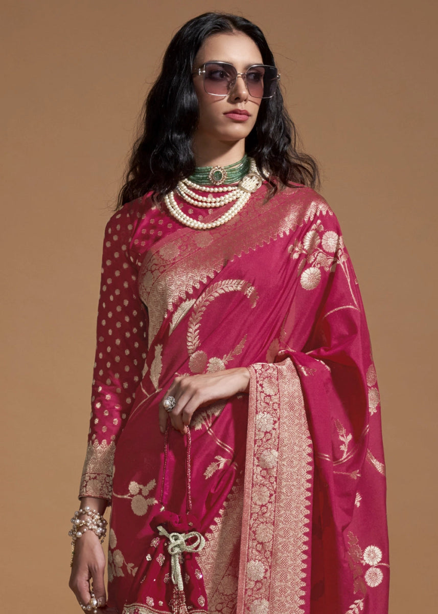 Hot Pink Georgette Silk Saree Embellished with Floral Zari Work - House of Sarvati LLC