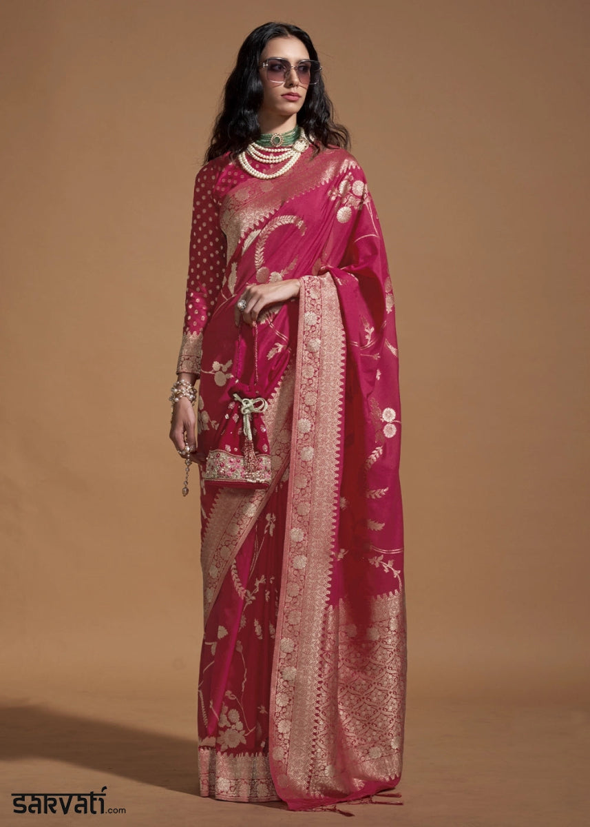 Hot Pink Georgette Silk Saree Embellished with Floral Zari Work - House of Sarvati LLC