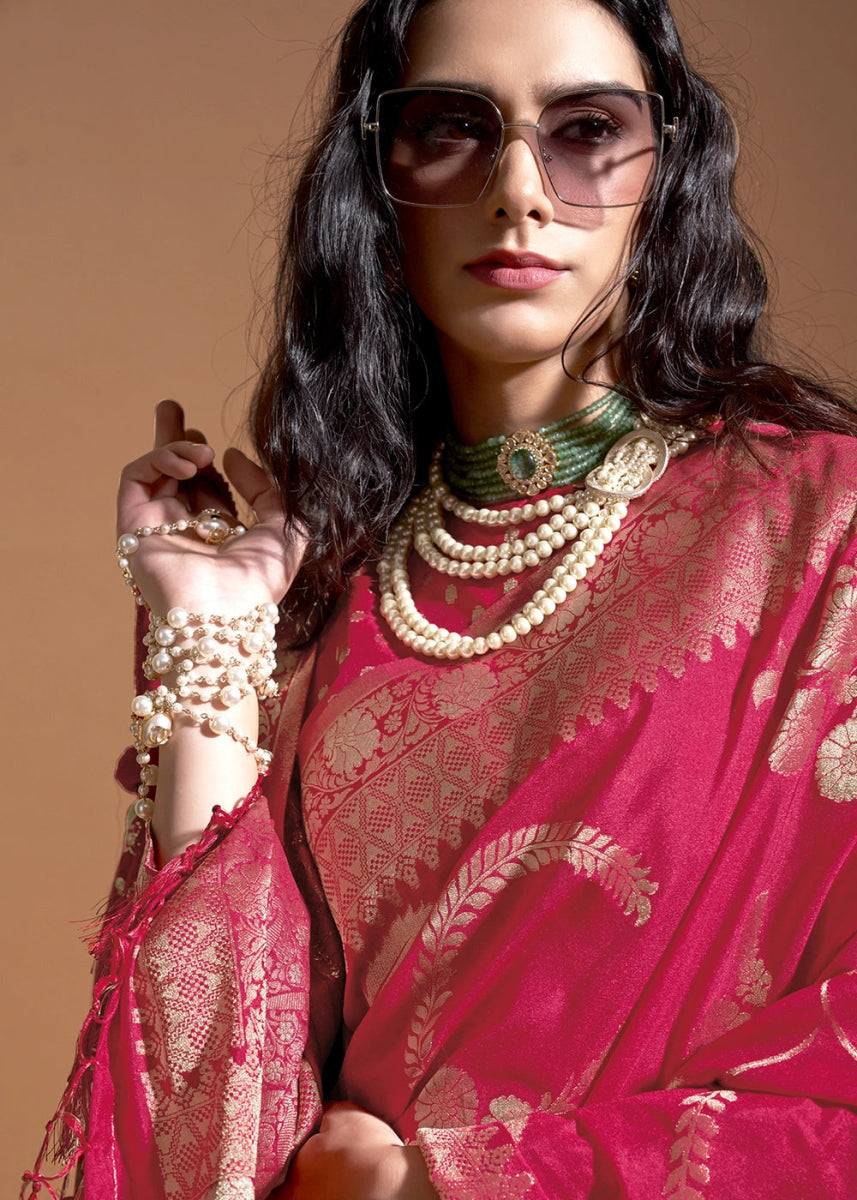 Hot Pink Georgette Silk Saree Embellished with Floral Zari Work - House of Sarvati LLC