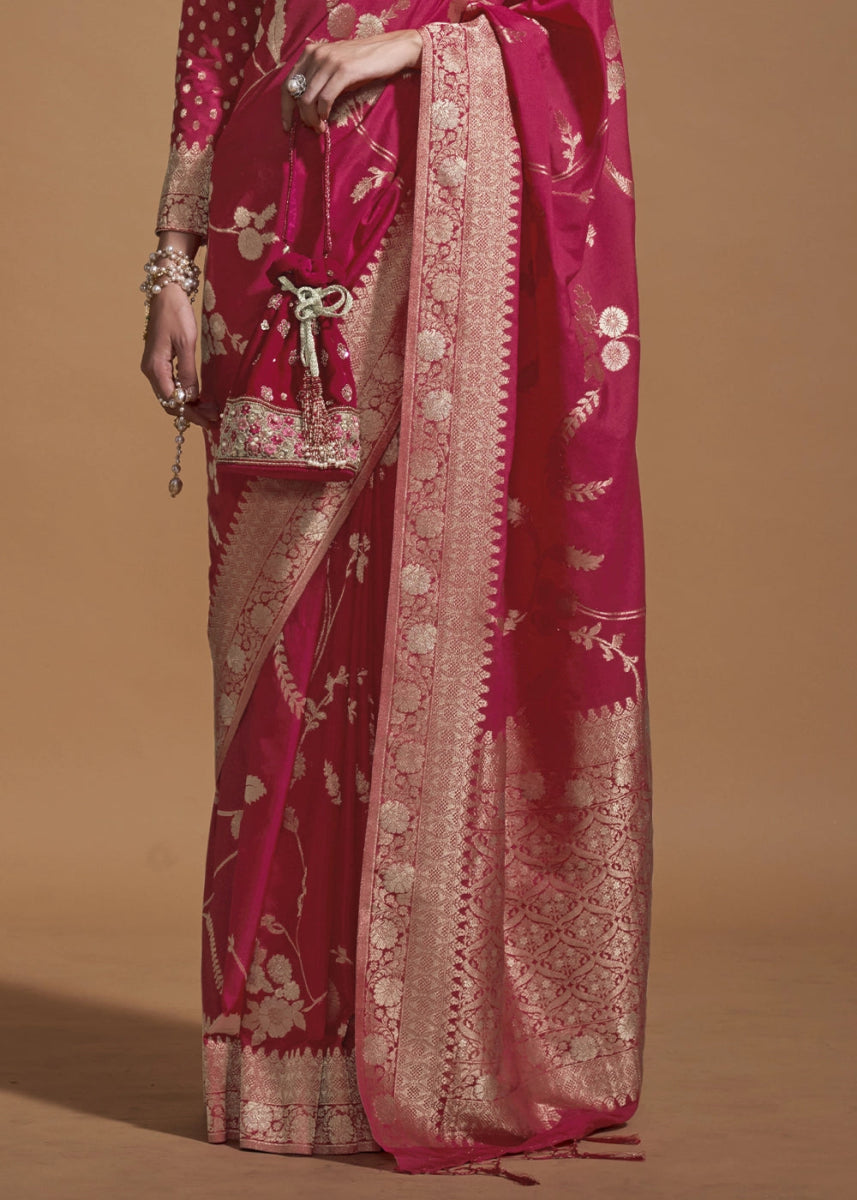 Hot Pink Georgette Silk Saree Embellished with Floral Zari Work - House of Sarvati LLC