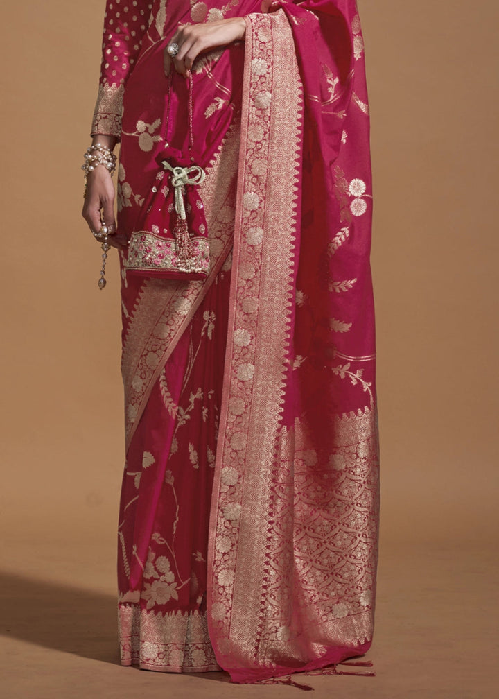 Hot Pink Georgette Silk Saree Embellished with Floral Zari Work - House of Sarvati LLC