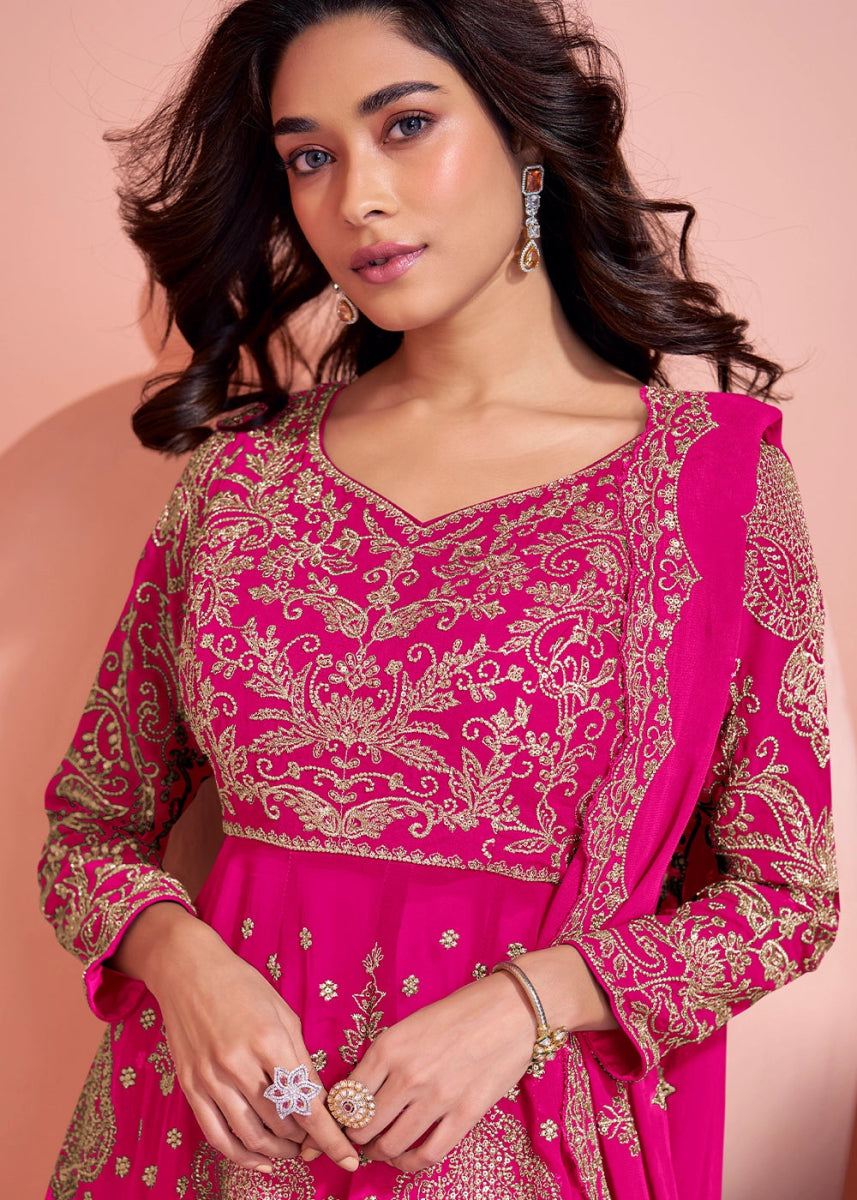 Hot Pink Palazzo Suit in Georgette with All - Over Embroidery - House of Sarvati LLC