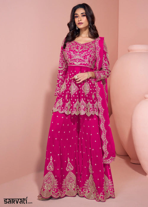 Hot Pink Palazzo Suit in Georgette with All-Over Embroidery