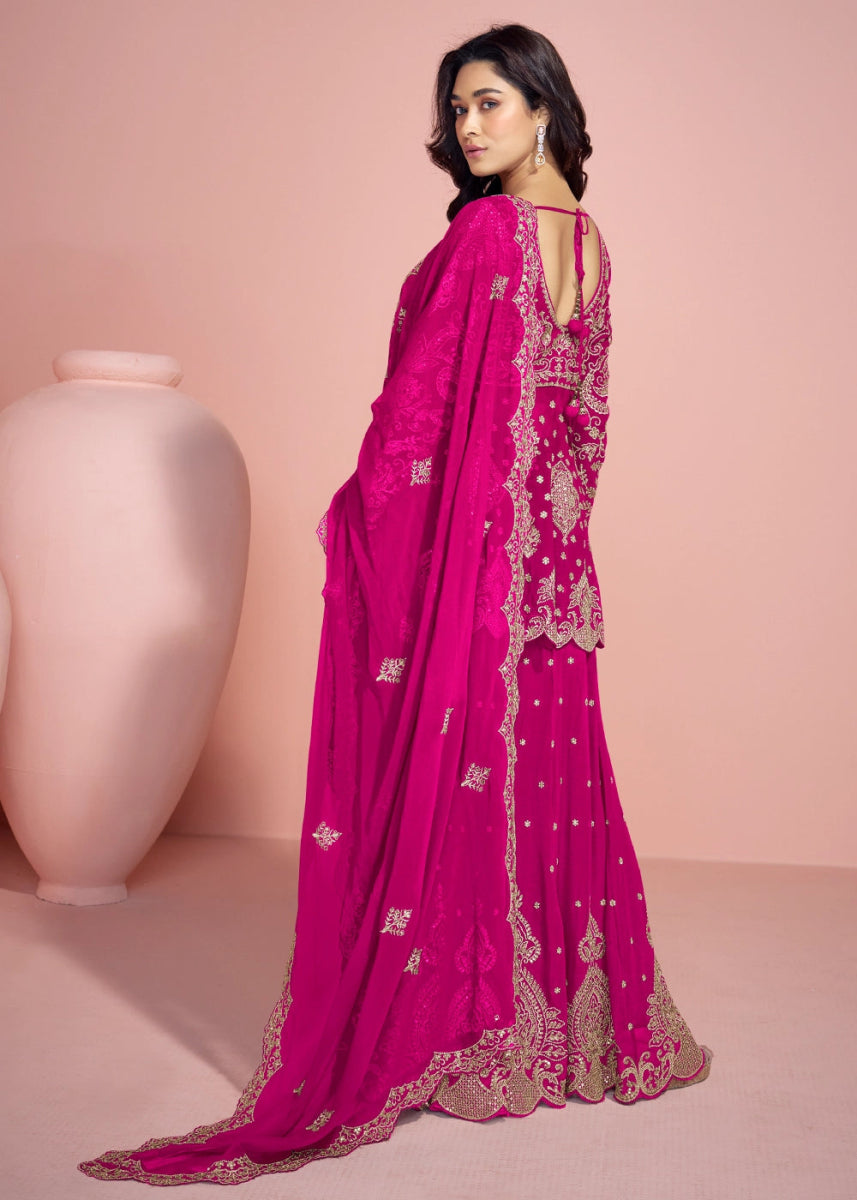 Hot Pink Palazzo Suit in Georgette with All - Over Embroidery - House of Sarvati LLC