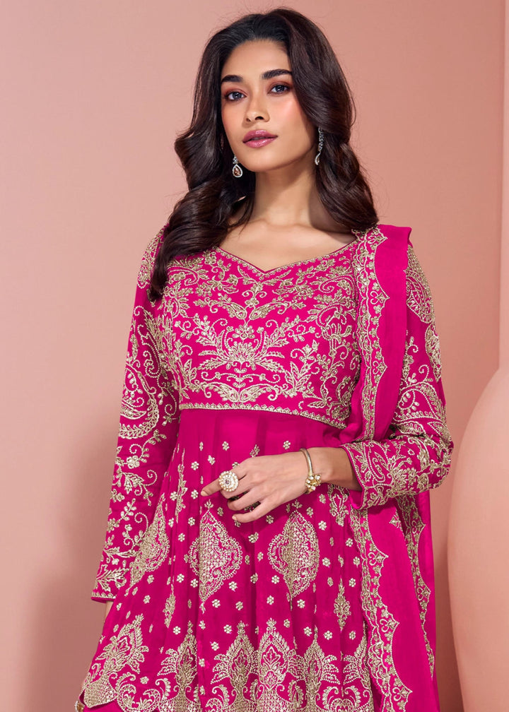 Hot Pink Palazzo Suit in Georgette with All - Over Embroidery - House of Sarvati LLC