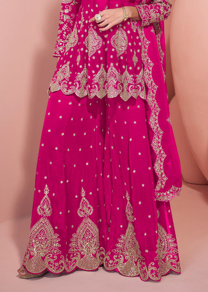 Hot Pink Palazzo Suit in Georgette with All - Over Embroidery - House of Sarvati LLC