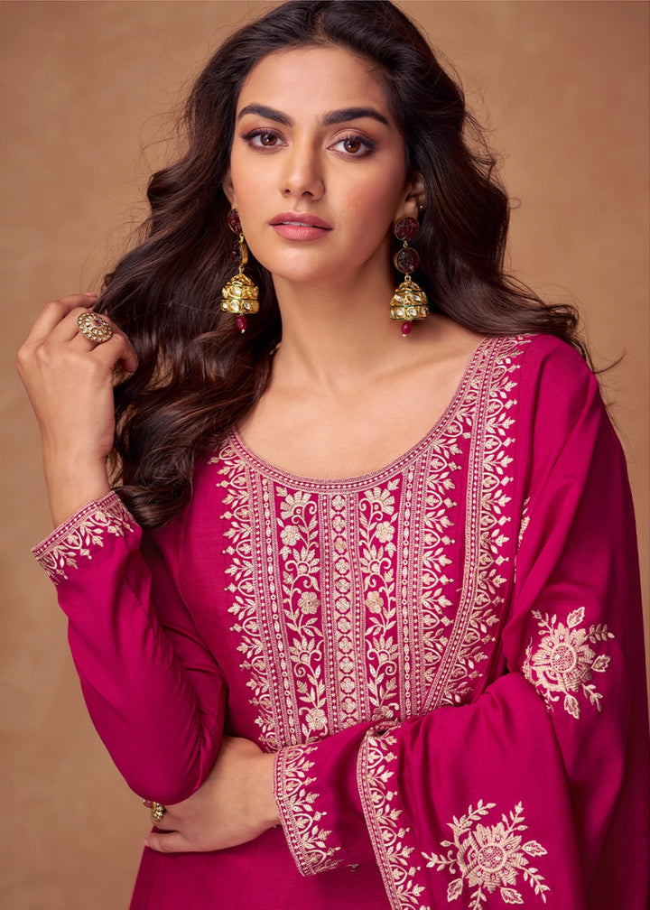 Hot Pink Silk Anarkali Gown with Handcrafted Embroidery - House of Sarvati LLC