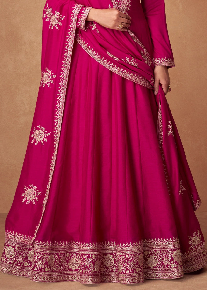 Hot Pink Silk Anarkali Gown with Handcrafted Embroidery - House of Sarvati LLC