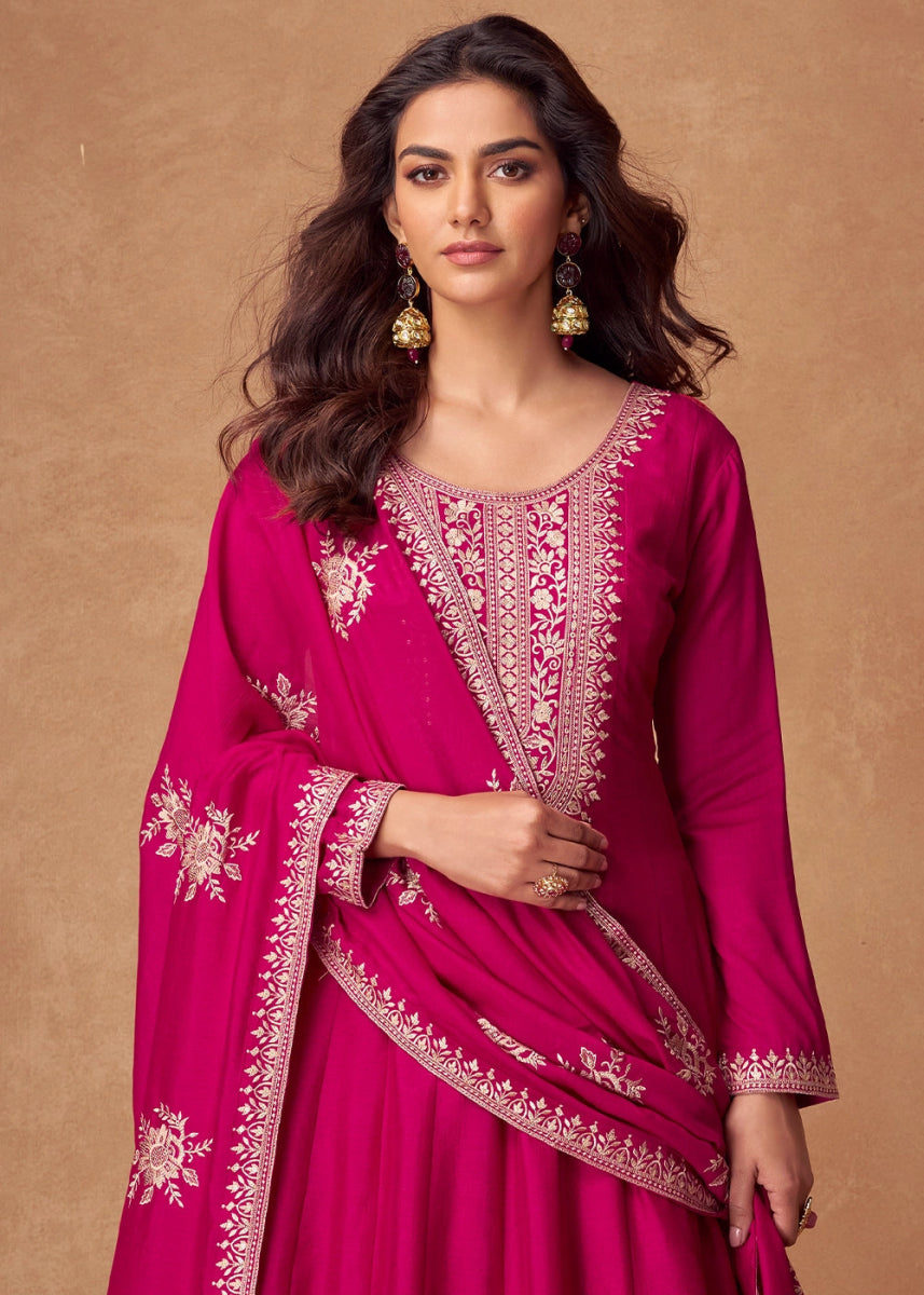 Hot Pink Silk Anarkali Gown with Handcrafted Embroidery - House of Sarvati LLC