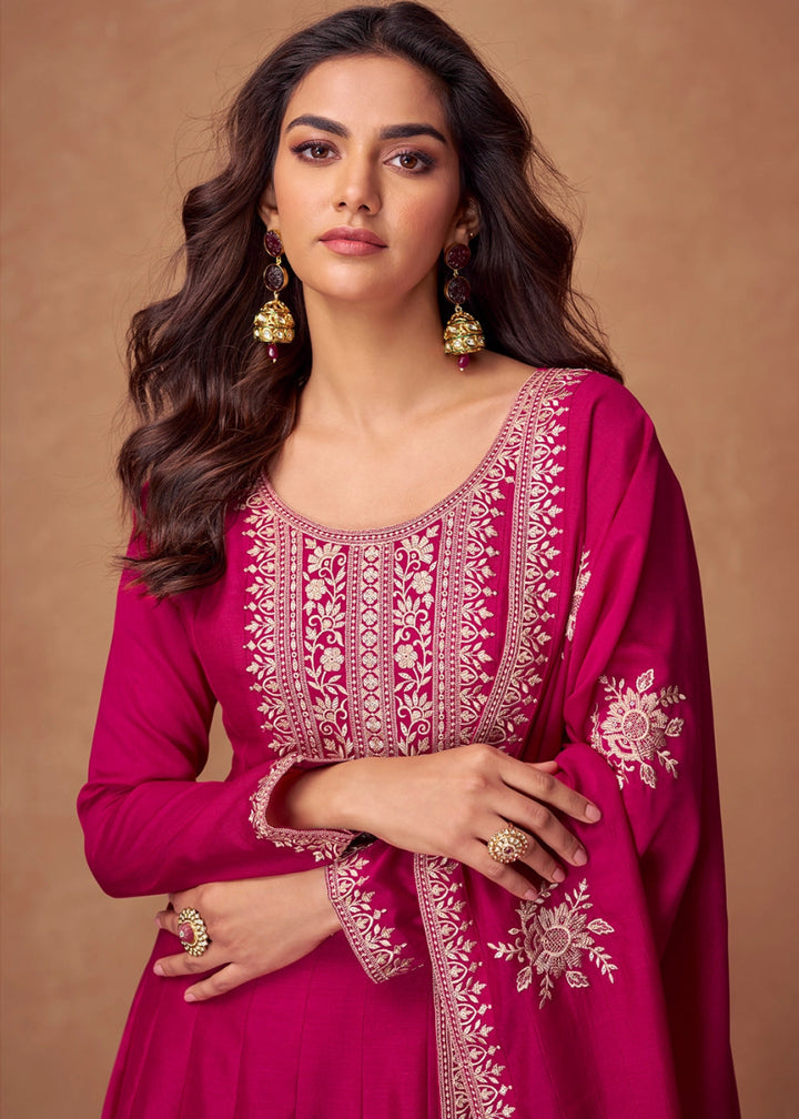 Hot Pink Silk Anarkali Gown with Handcrafted Embroidery - House of Sarvati LLC
