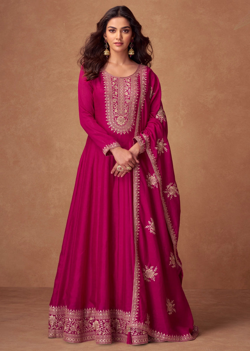 Hot Pink Silk Anarkali Gown with Handcrafted Embroidery - House of Sarvati LLC