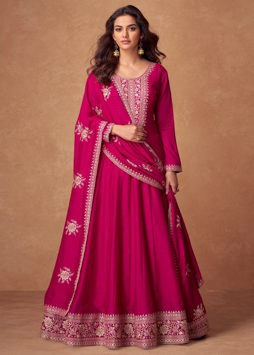Hot Pink Silk Anarkali Gown with Handcrafted Embroidery - House of Sarvati LLC