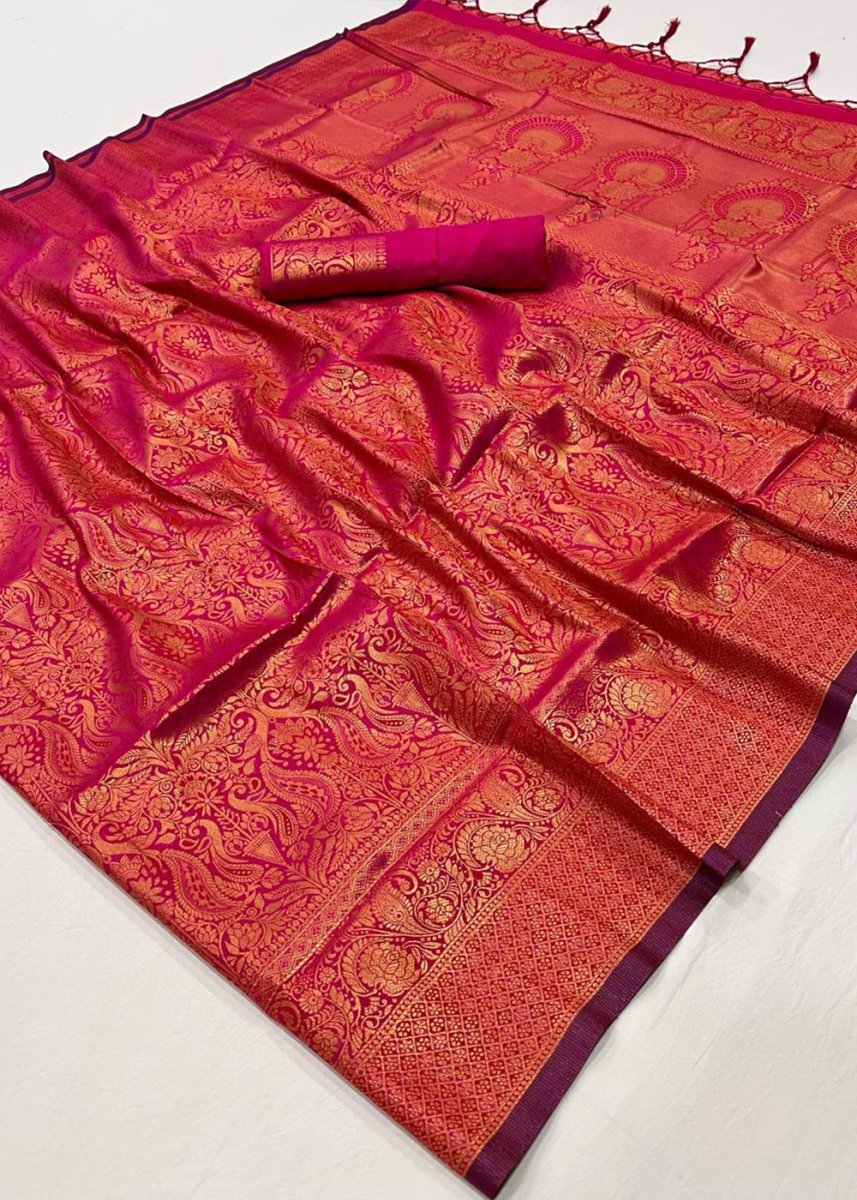 Hot Pink Silk Saree with Handloom Weaving and Gold Zari Accents - House of Sarvati LLC