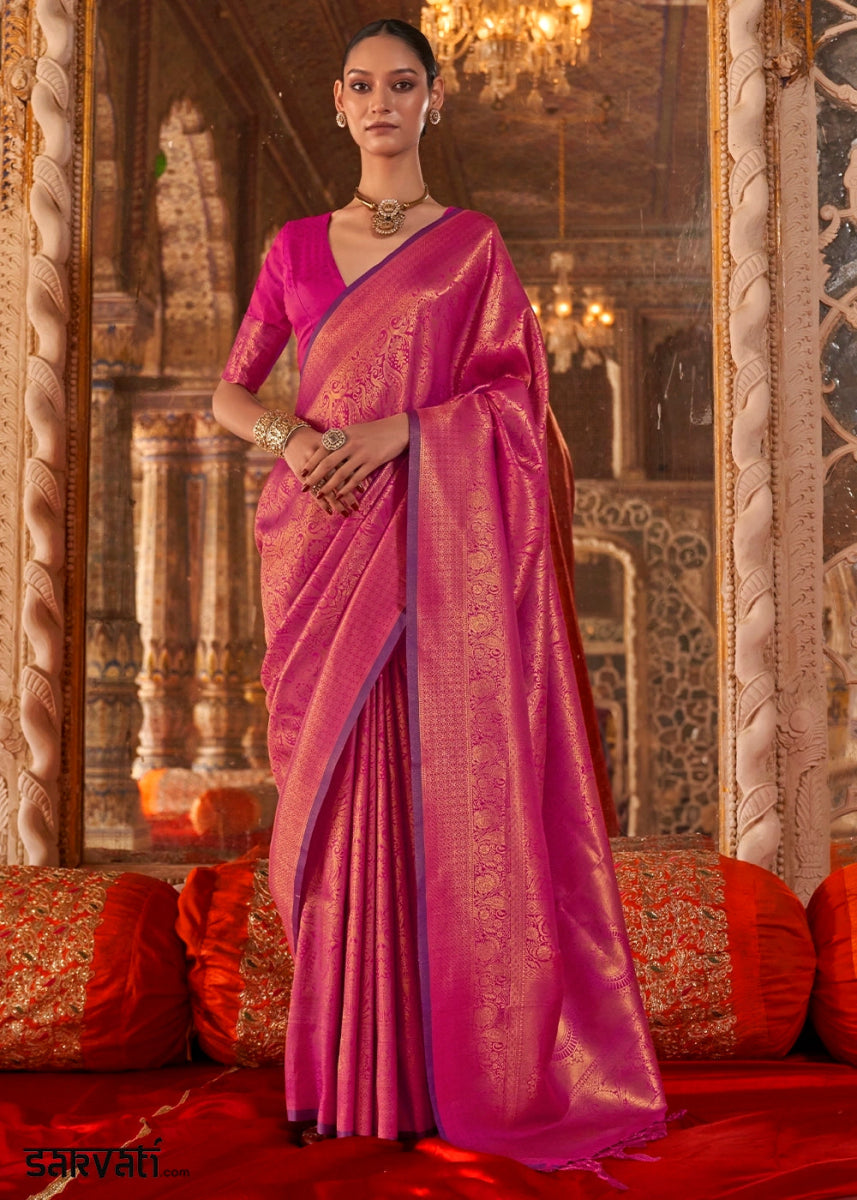 Hot Pink Silk Saree with Handloom Weaving and Gold Zari Accents - House of Sarvati LLC