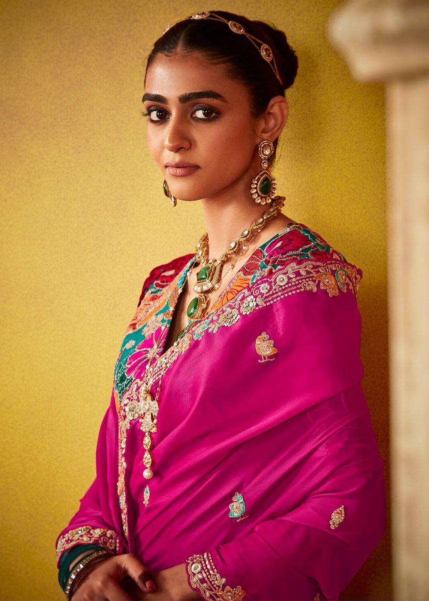 Hot Pink Tissue Silk Saree with Stunning Sequins and Thread Embroidery work - House of Sarvati LLC