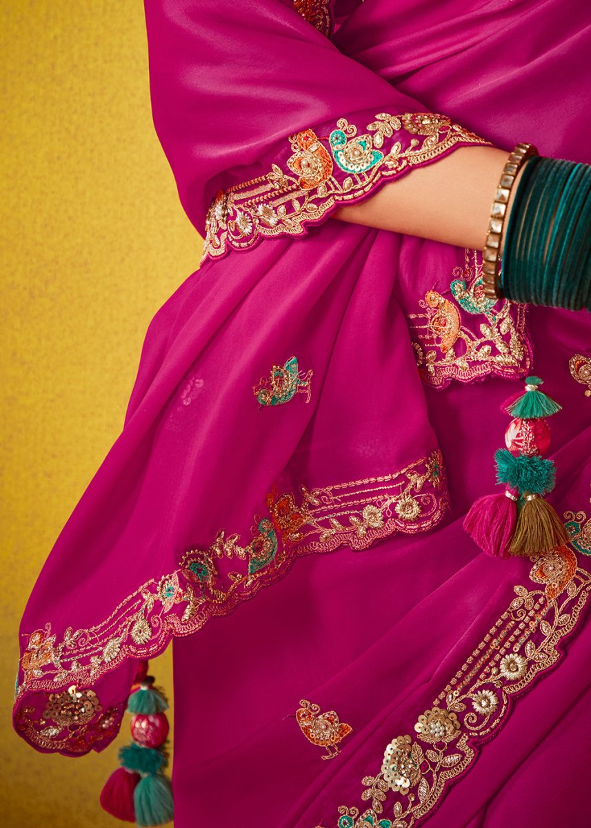 Hot Pink Tissue Silk Saree with Stunning Sequins and Thread Embroidery work - House of Sarvati LLC