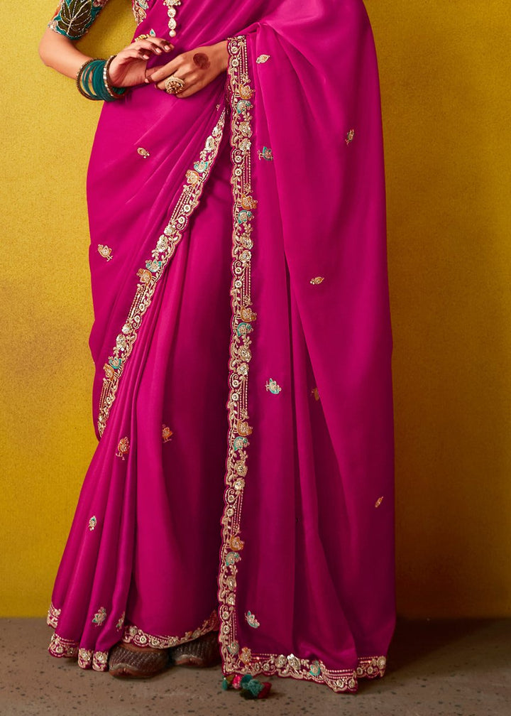 Hot Pink Tissue Silk Saree with Stunning Sequins and Thread Embroidery work - House of Sarvati LLC