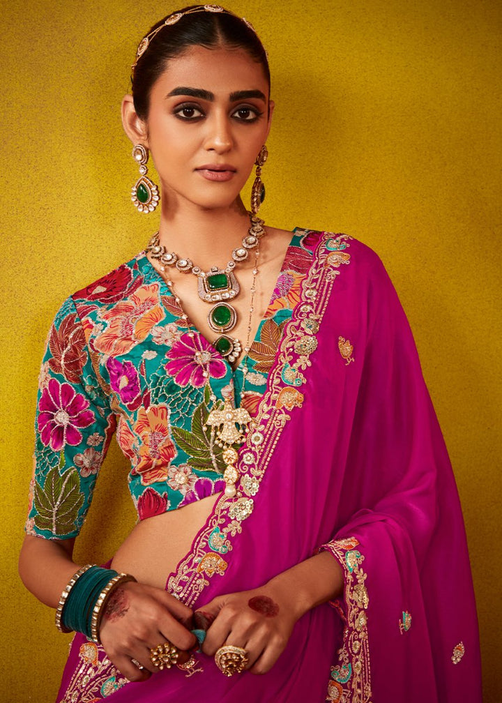 Hot Pink Tissue Silk Saree with Stunning Sequins and Thread Embroidery work - House of Sarvati LLC