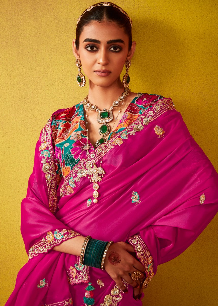 Hot Pink Tissue Silk Saree with Stunning Sequins and Thread Embroidery work - House of Sarvati LLC
