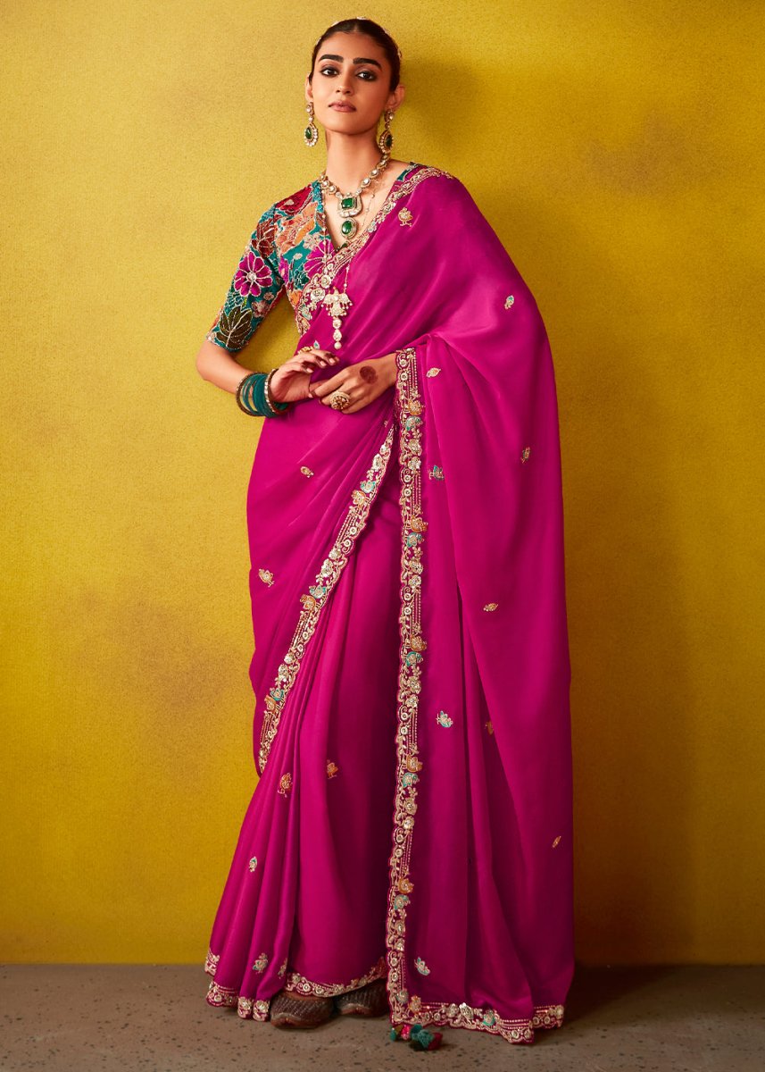 Hot Pink Tissue Silk Saree with Stunning Sequins and Thread Embroidery work - House of Sarvati LLC