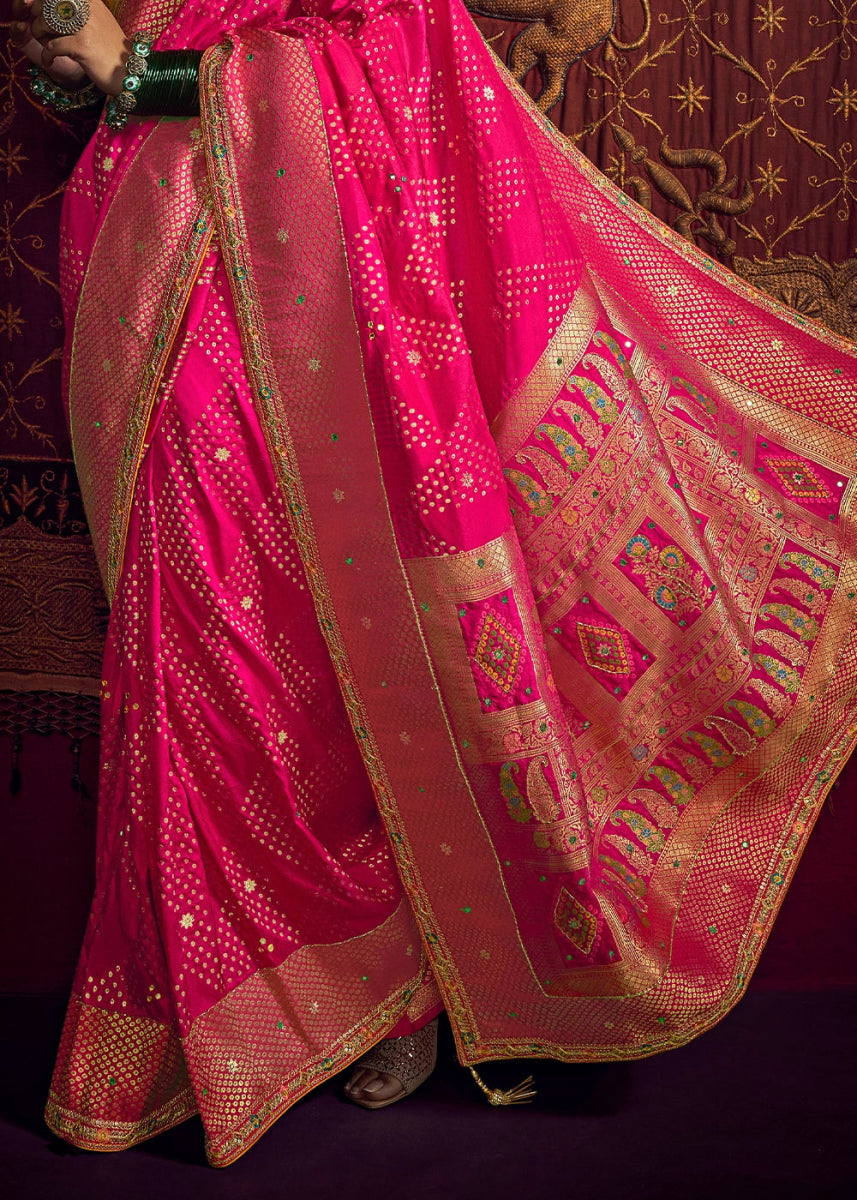 Hot Pink Viscose Silk Saree with Handcrafted Embroidered Blouse - House of Sarvati LLC