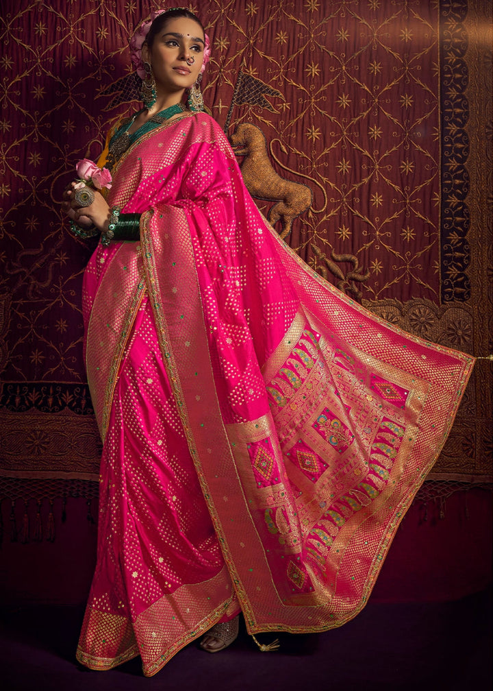 Hot Pink Viscose Silk Saree with Handcrafted Embroidered Blouse - House of Sarvati LLC