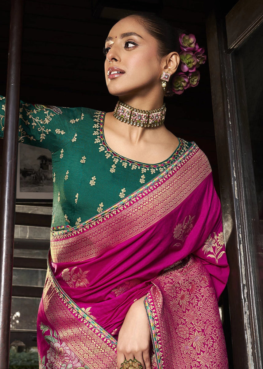 Hot Pink Viscous Dola Silk Saree with Opulent Zari Work & Embellished Blouse - House of Sarvati LLC