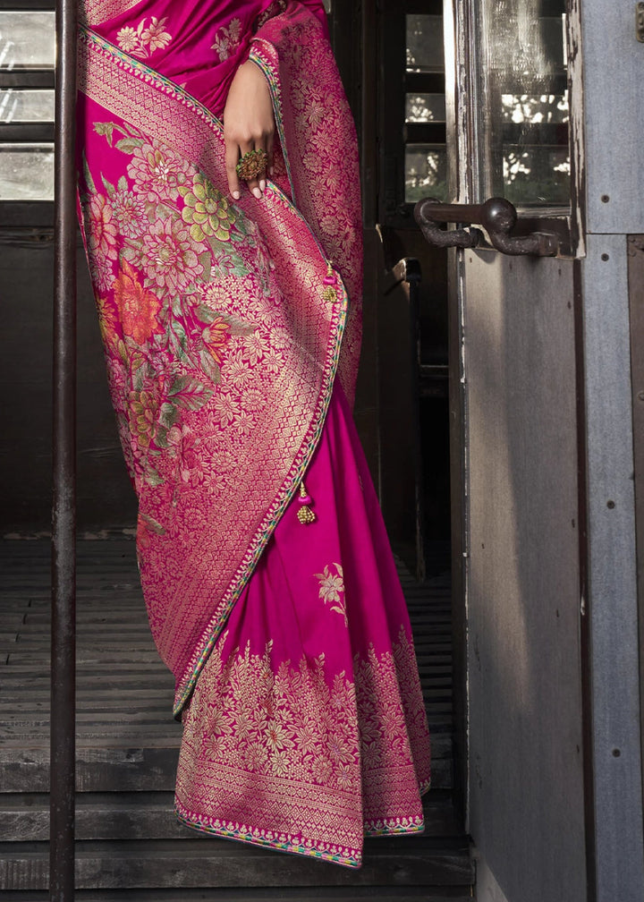 Hot Pink Viscous Dola Silk Saree with Opulent Zari Work & Embellished Blouse - House of Sarvati LLC